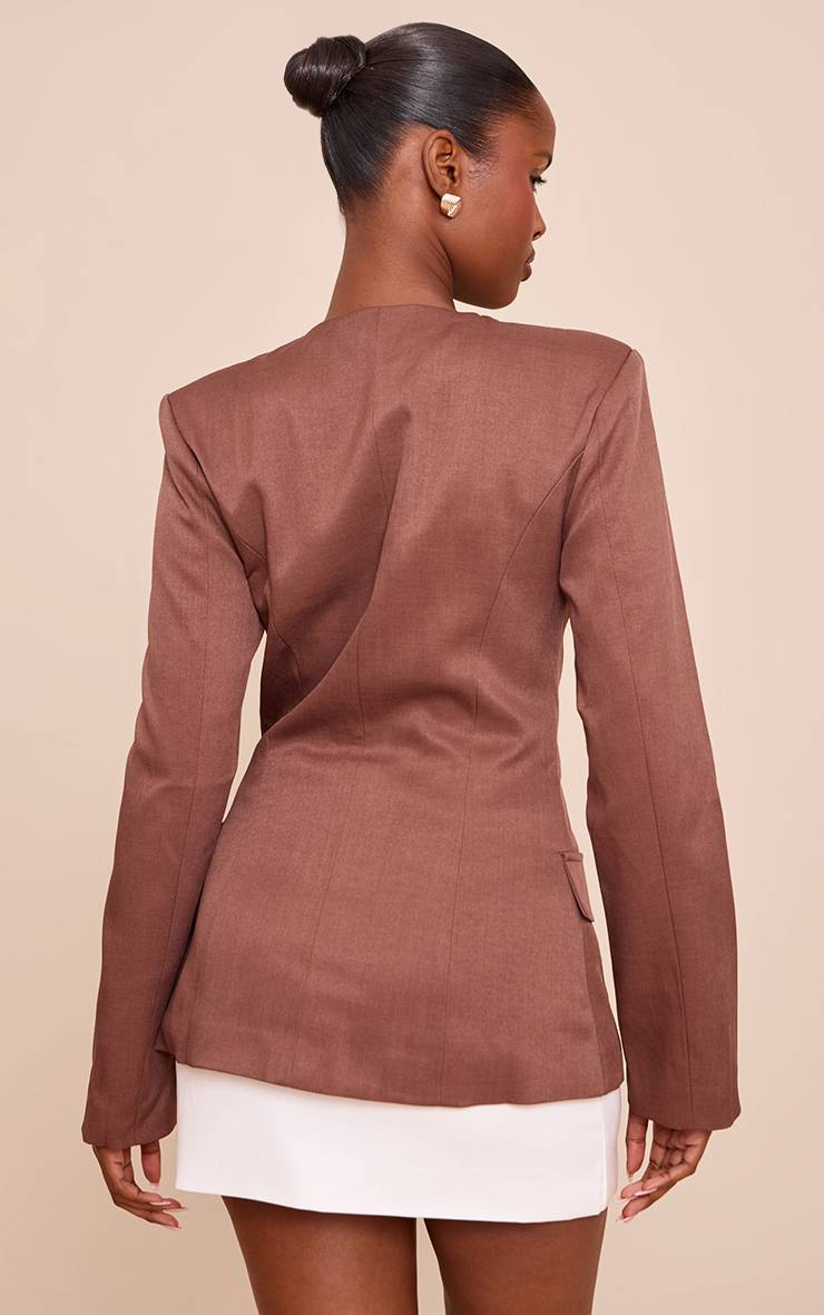 Marron Blazer Boxy Sans Col À Taille Cintrée