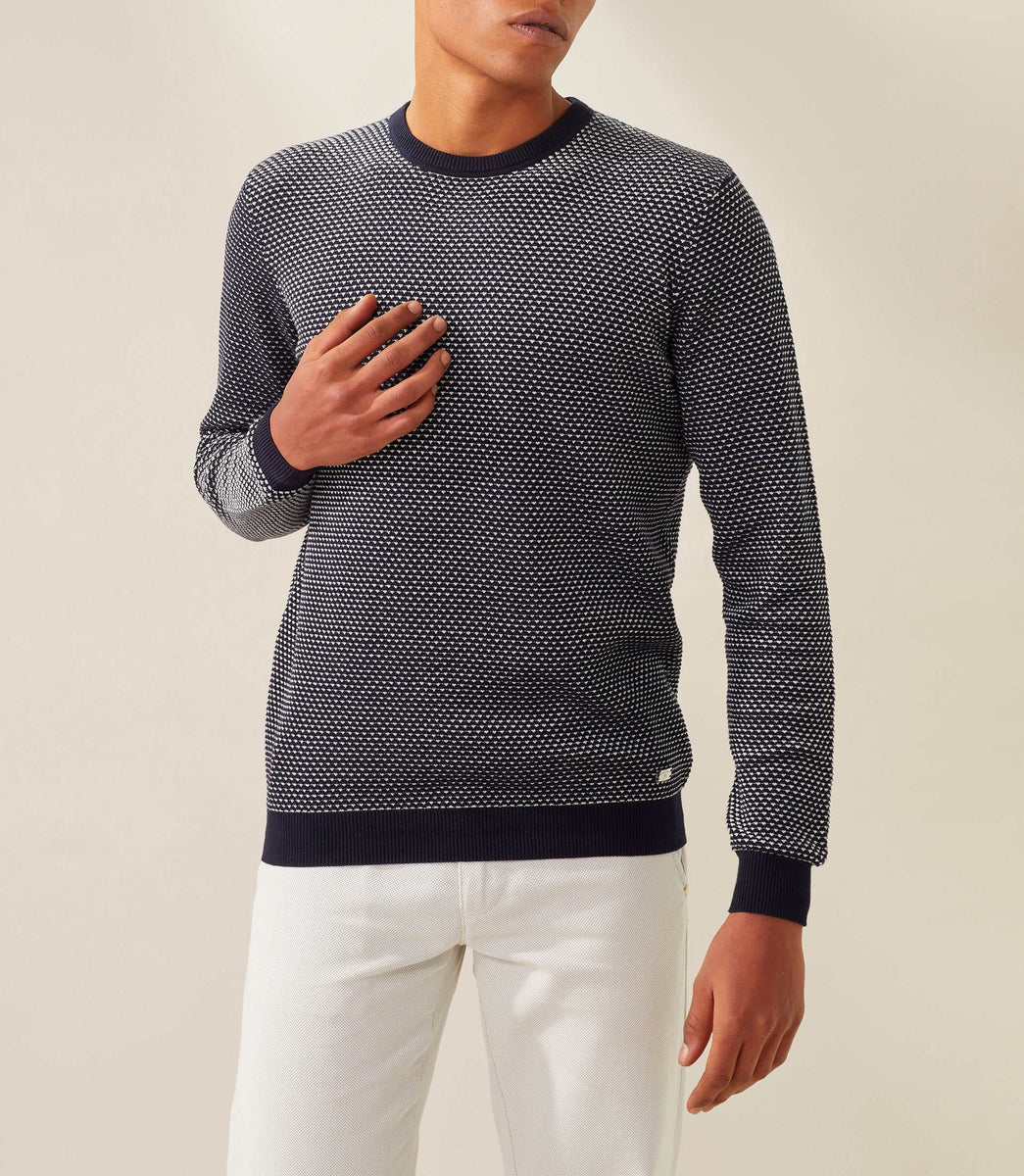 Pull col rond marine-blanc 