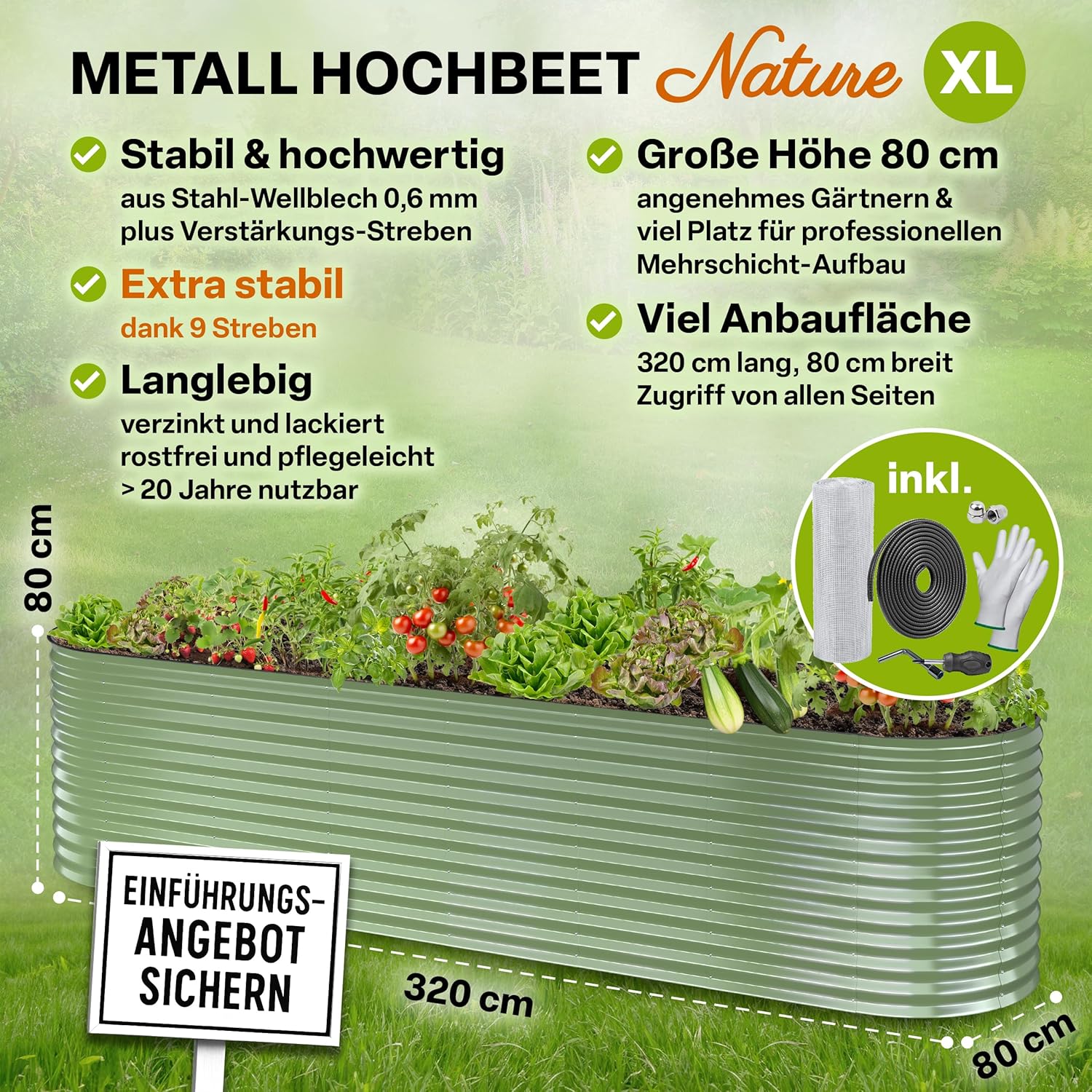 TTL GARDEN 320x80x80cm Nature XL Metall Hochbeet Salbei-Grün - Stahl rostfrei verzinkt & lackiert Wellblech oval 80cm hoch sehr stabil Garten Beet für Gemüse Kräuter Blumen Gartenbeet Gemüsebeet