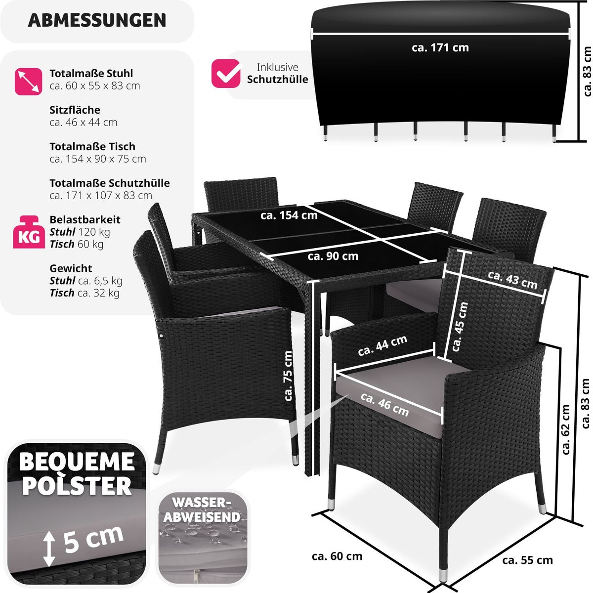 tectake Lissabon rotan zitset voor 6 personen inclusief beschermhoes