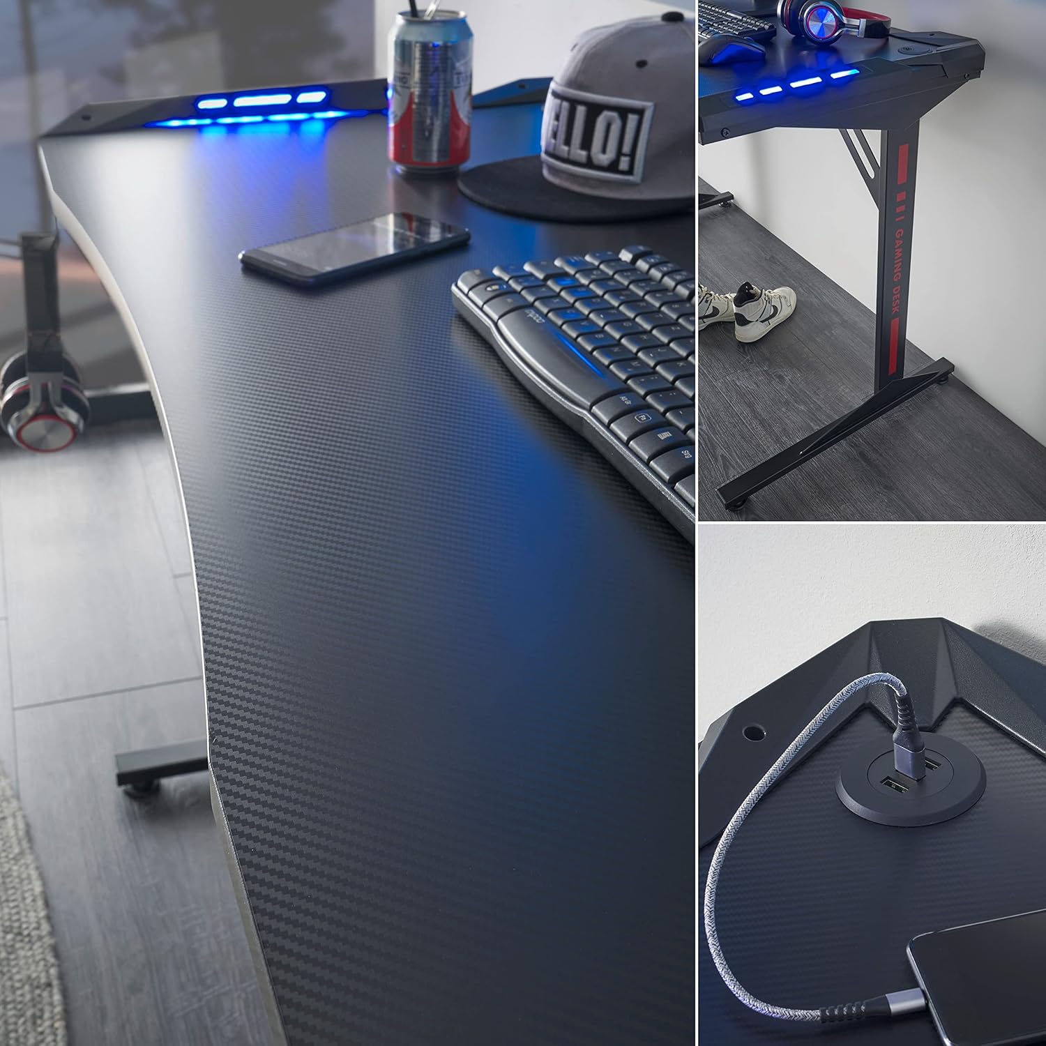 Stella Trading BC 3110 Gaming Tisch in Schwarz, Carbon-Optik - Gaming Schreibtisch mit LED-Beleuchtung, USB-Anschlüssen & Getränkehalterung - 119 x 78 x 60 cm (B/H/T)