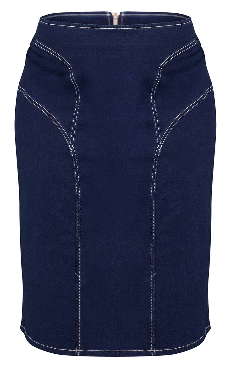 Bleu Indigo Jupe Midi En Denim Grande Taille Avec Détails De Coutures Contrastées