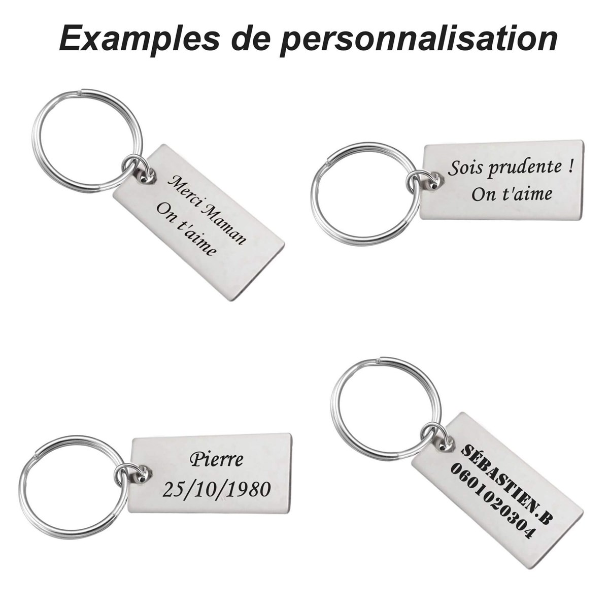 Porte-clés personnalisable plaque rectangulaire Gravure au laser personnalisée Acier Inoxydable 2 lignes message cadeau texte fête anniversaire identité prénom