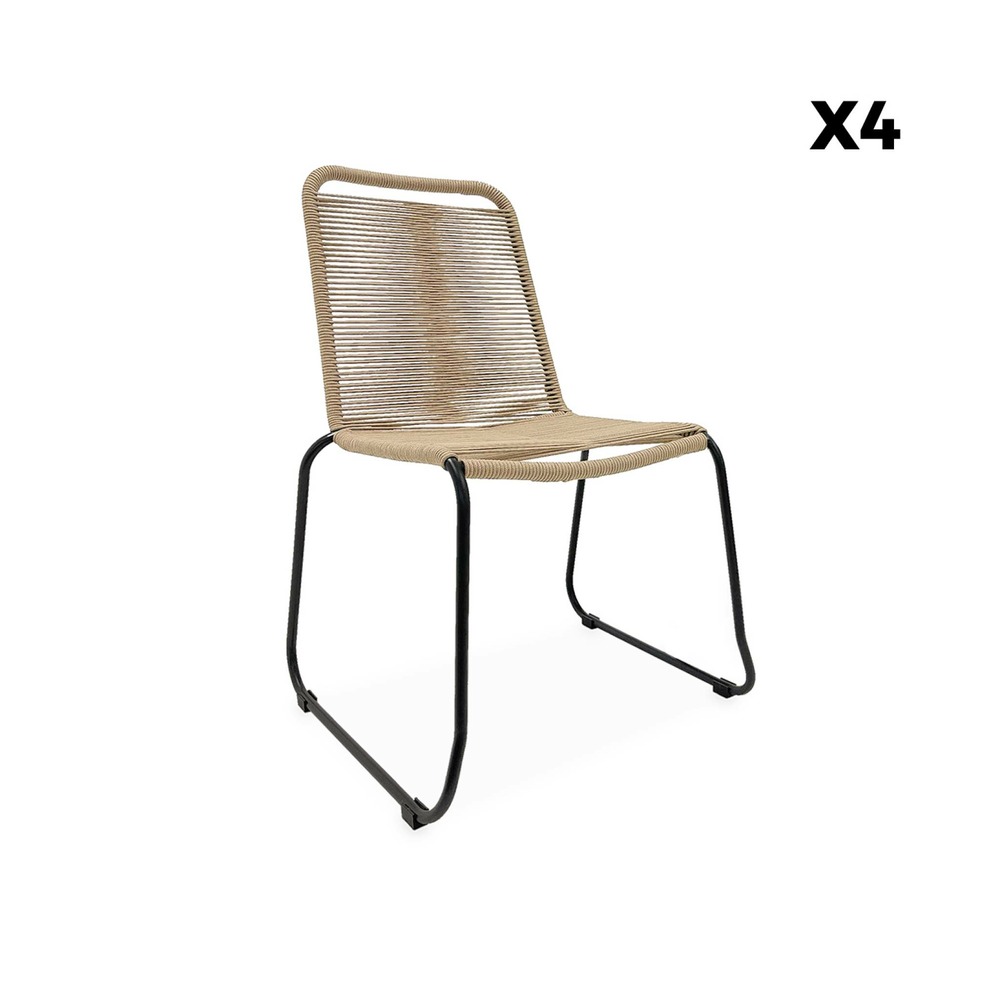 Table intérieur / extérieur santana en bois et métal. 150cm + 4 chaises en corde brasilia beiges. Empilables