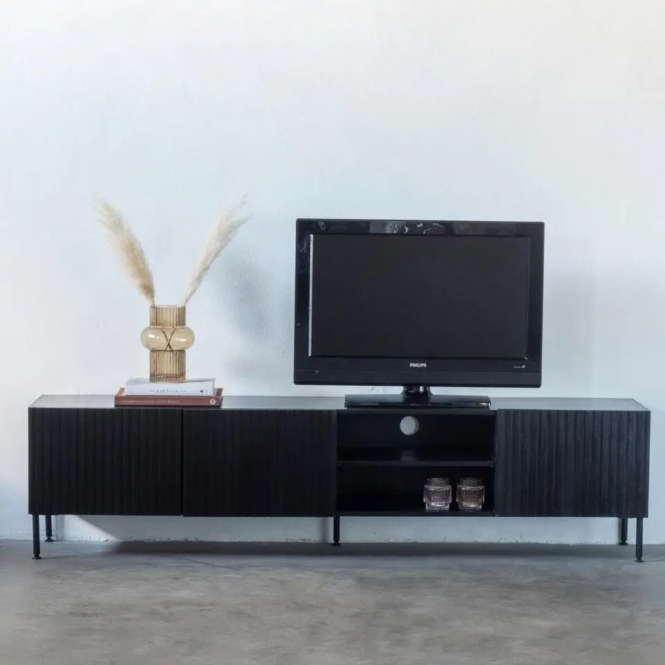 Tv-Meubel Mangohout Zwart - 200x40x50cm - 3-Deurs - Kast Roman