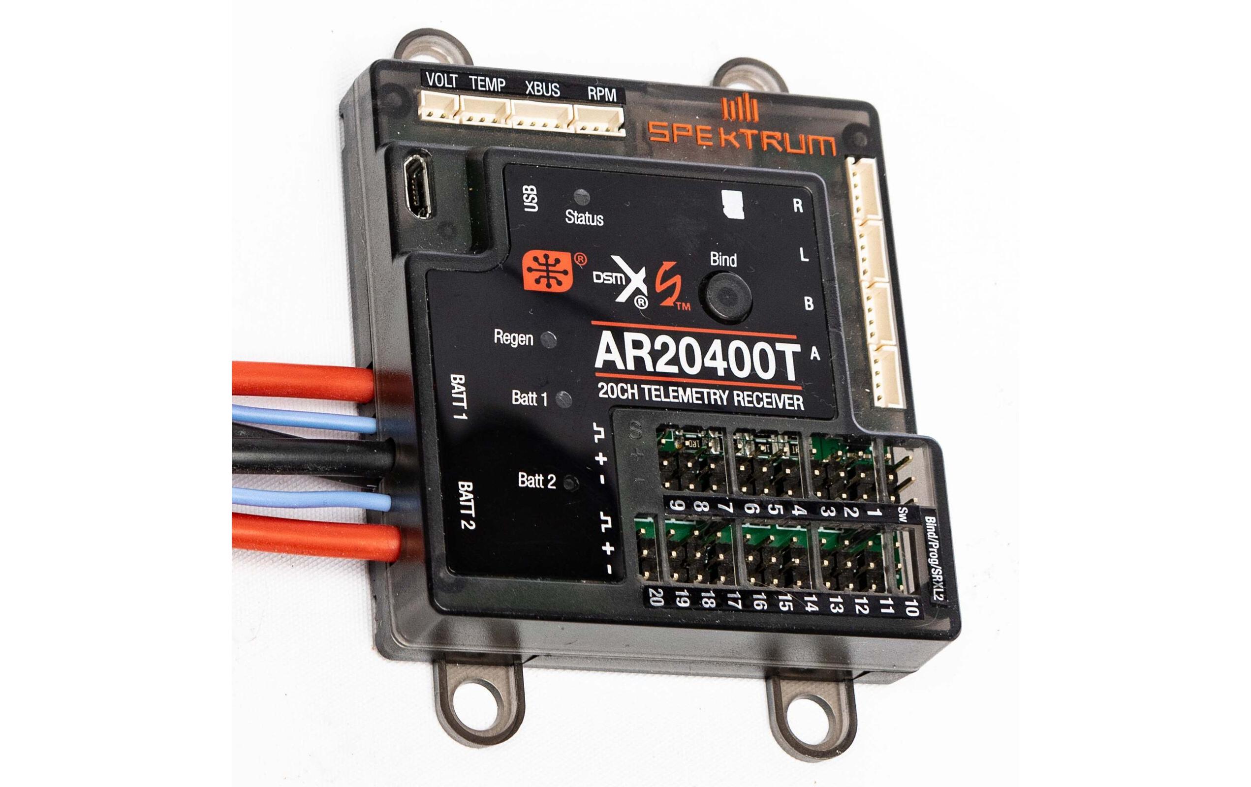 Empfänger AR20400T Powersafe 20-Kanal DSMX<br>Telemetriefähiger Empfänger mit Akkuweiche und 3 Satellitenempfänger