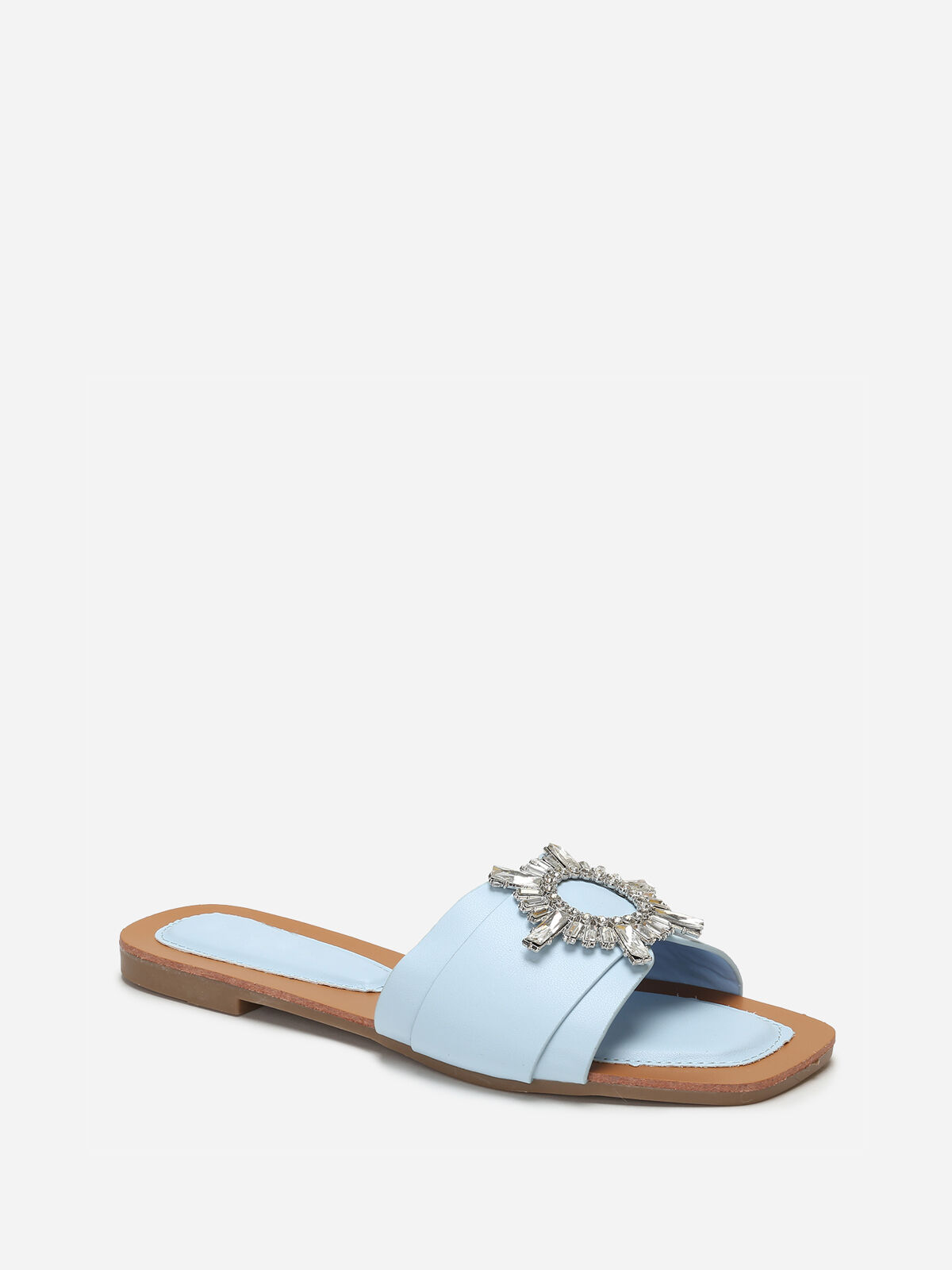 Mules carrées à bride avec bijou en strass- Bleu