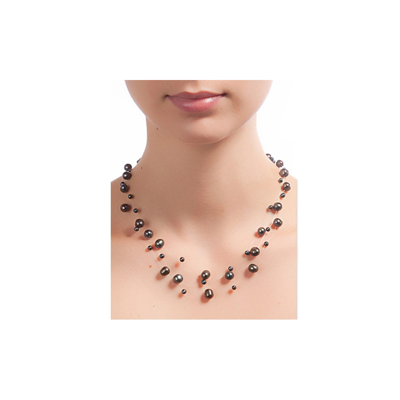 Collier Femme 3 rangs Nylon Invisible en Argent 925 et Perles de culture Blanc ou Noir