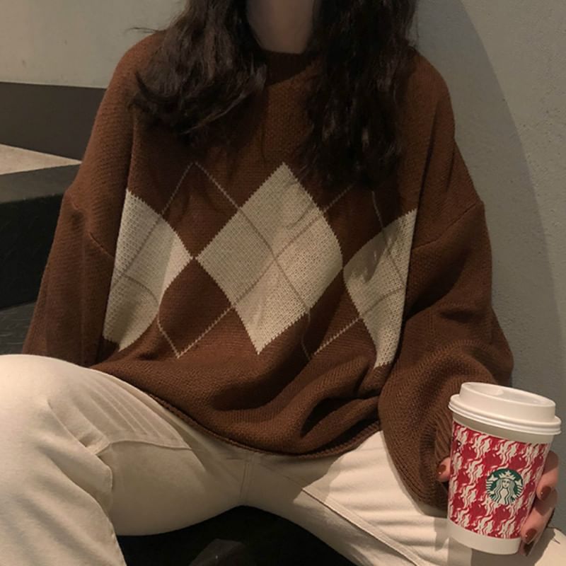 Sensarra - Argyle Oversized Trui met Ronde Hals