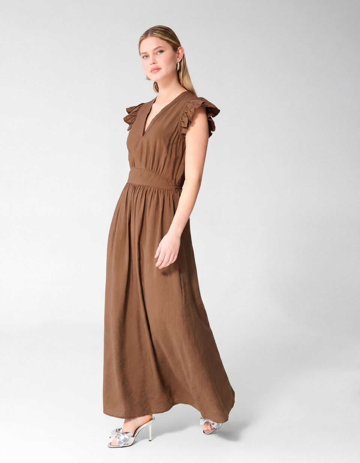 Ruffle V-hals Maxi Jurk Donkerbruin