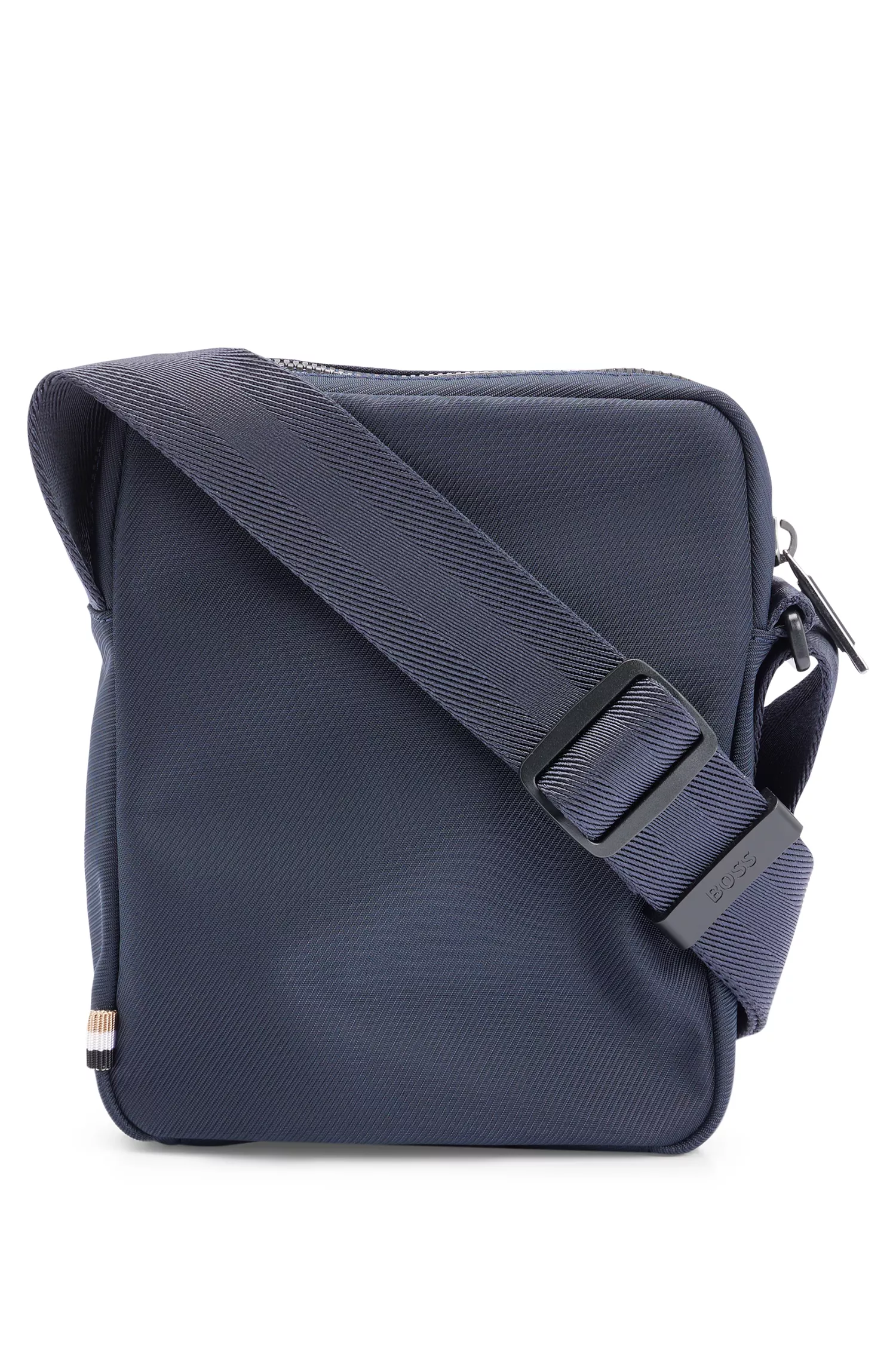 Bolsa para repórter BOSS em material estruturado preto com logotipo contrastante.