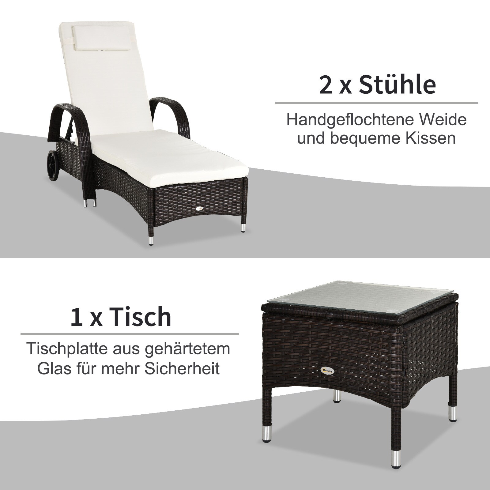 Outsunny Rattan Sonnenliegen mit Tisch 200 x 73 x (30-103) cm (LxBxH)