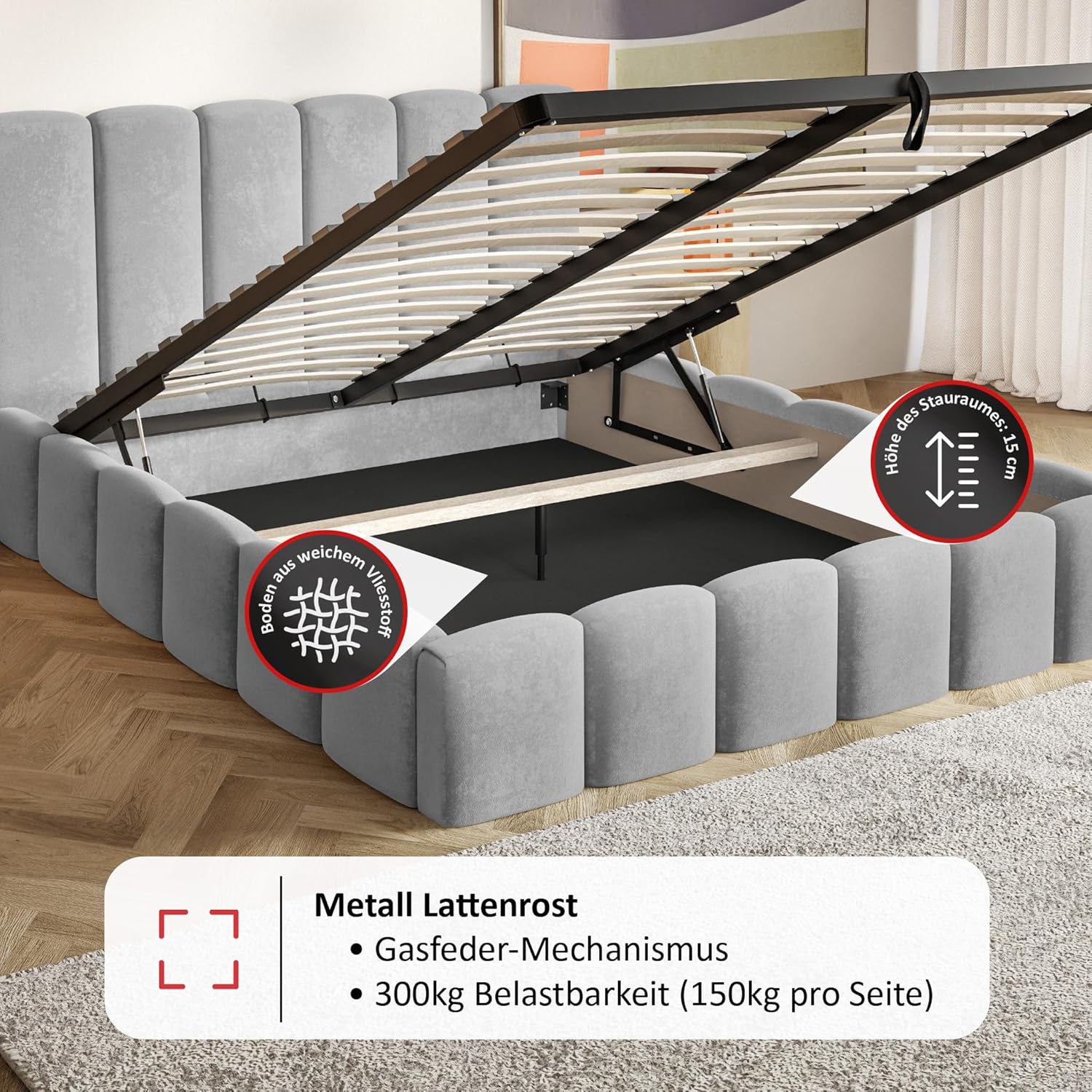 Nunu Bubble Bett 200x200 Beige Samt, mit Stauraum, mit Kopfteil, mit Lattenrost, ohne Füße, ohne Matratze, Bubble Polsterbett 200x200 mit Bettkasten Beige (Creme)