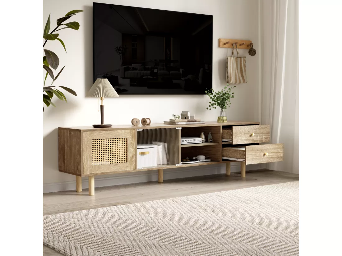 Meuble TV en anneaux de particules - 1 porte & 2 tiroirs & 3 compartiments - Naturel