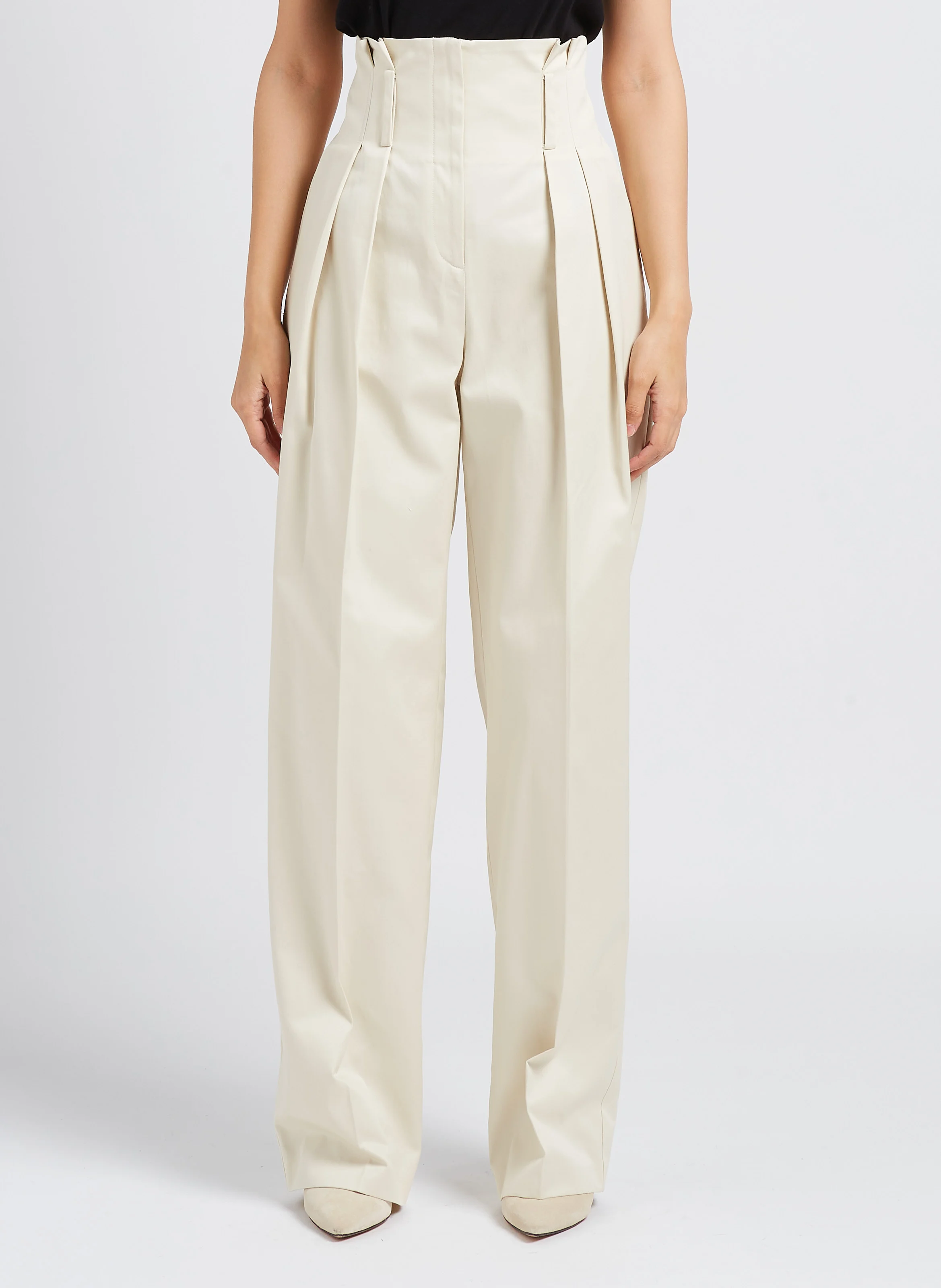 OSNI - Pantalon droit taille haute à pinces en coton | Blanc