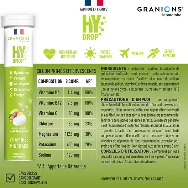 GRANIONS HYDROP Eletrólitos - Vitamina C, Magnésio, Minerais - Maracujá e Manga