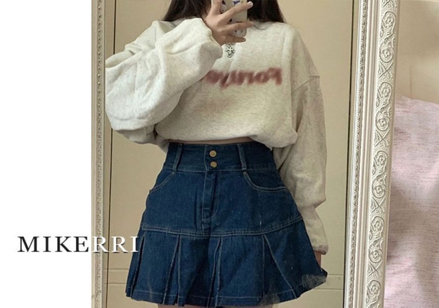 uliaque - Plus Size High Rise Plooi Mini A-lijn Denim Rok
