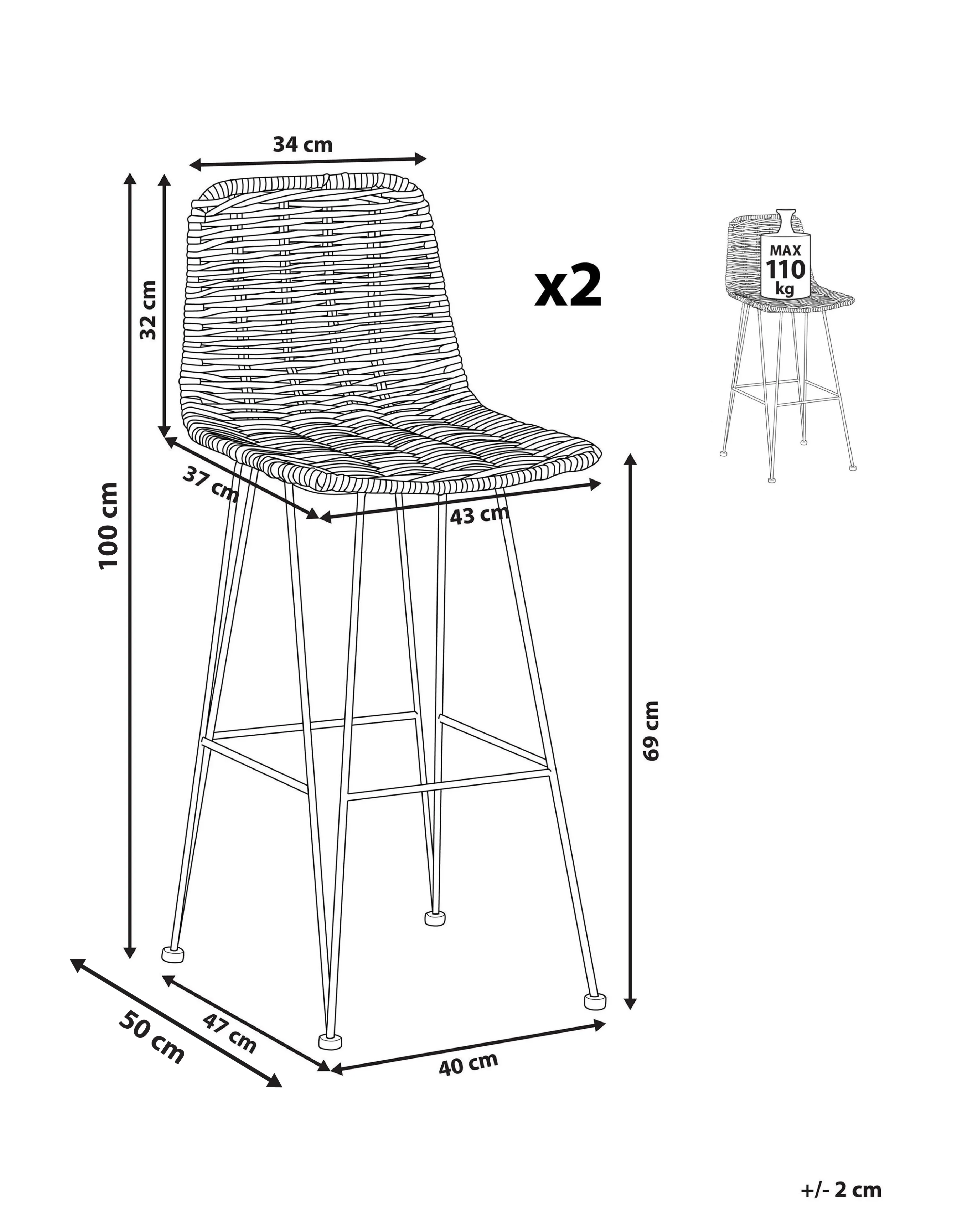 Set van 2 barstoelen CASSITA Rotan Zwart
