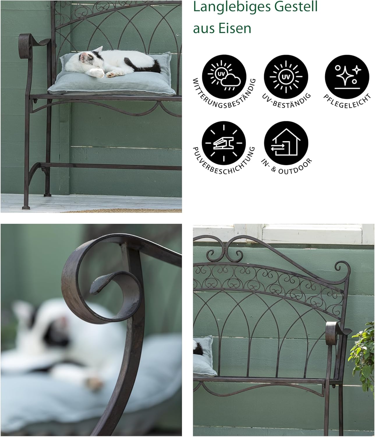 Dehner Gartenbank Antik, 2-Sitzer Bank in Vintage-Optik, 110 x 55 x 103.5 cm, Eisen, braun