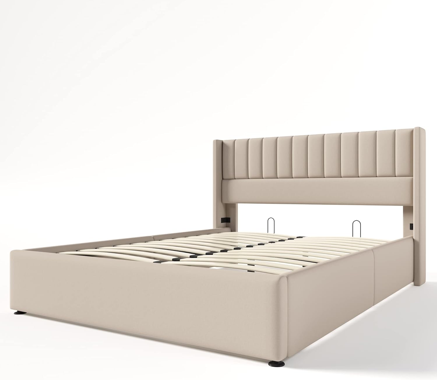Merax Polsterbett 140 x 200cm, Hydraulisch Doppelbett mit Lattenrost & Bettkasten, Stauraumbett mit Kopfteil, Metallrahmen, Leinen, für Erwachsene & Jugendliche, ohne Matratze, Beige-Streifen