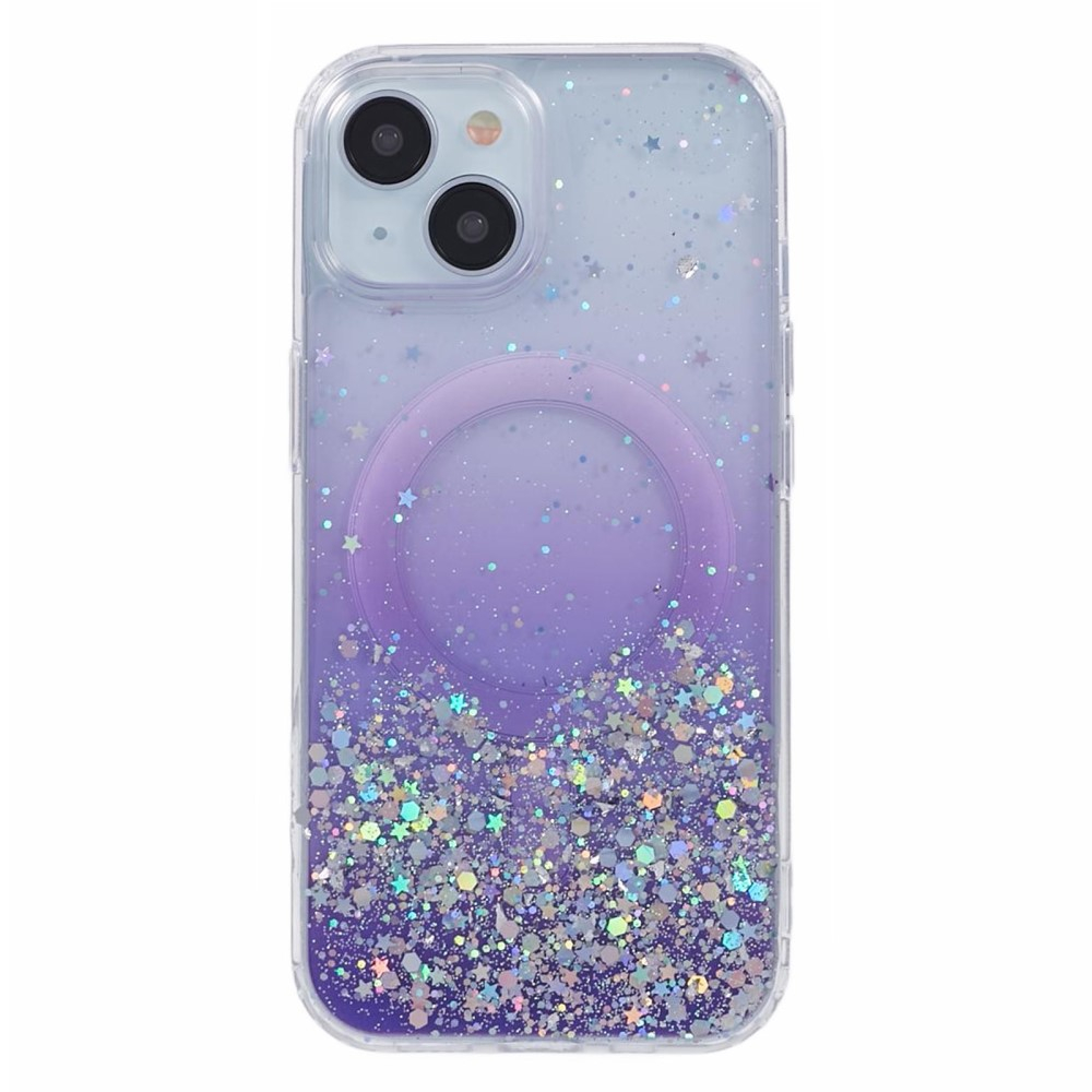 iPhone 13 MagSafe Hülle mit Acryl Rückseite und Farbverlauf im Glitzer Design - Lila