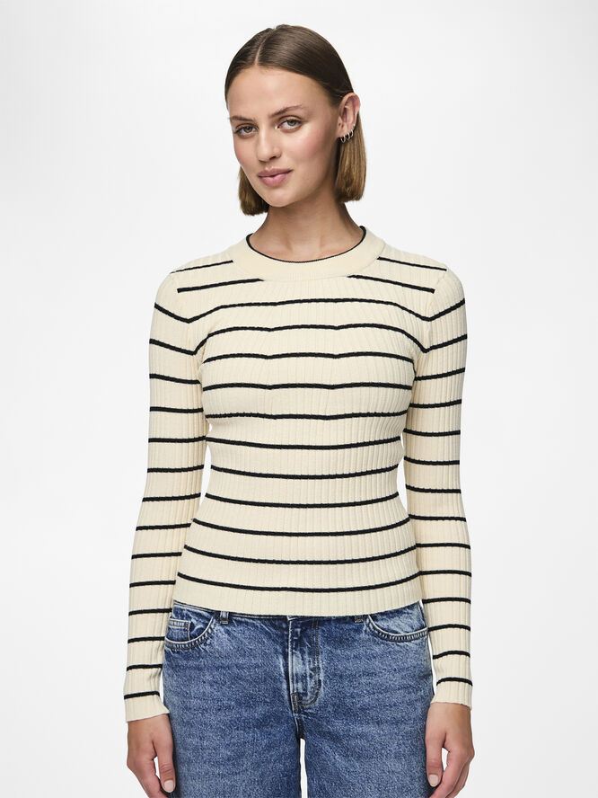 Pieces PCCRISTA LS O-NECK KNIT NOOS BC Birch/black narrow