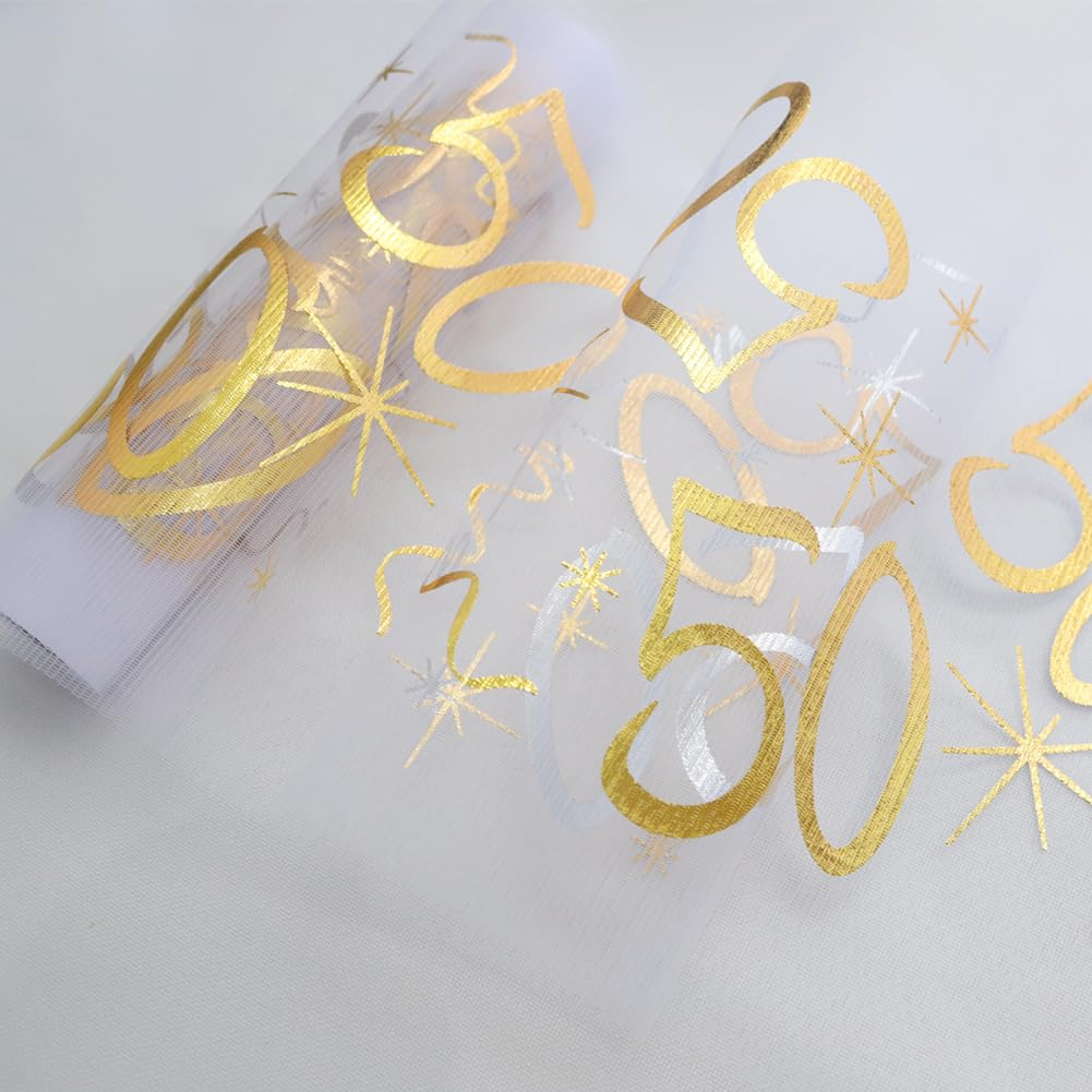 (28x275cm) Happy Birthday Tischläufer 50. Geburtstags Party Deko Zuschneidbares Tischtuch - Transparent / Gold