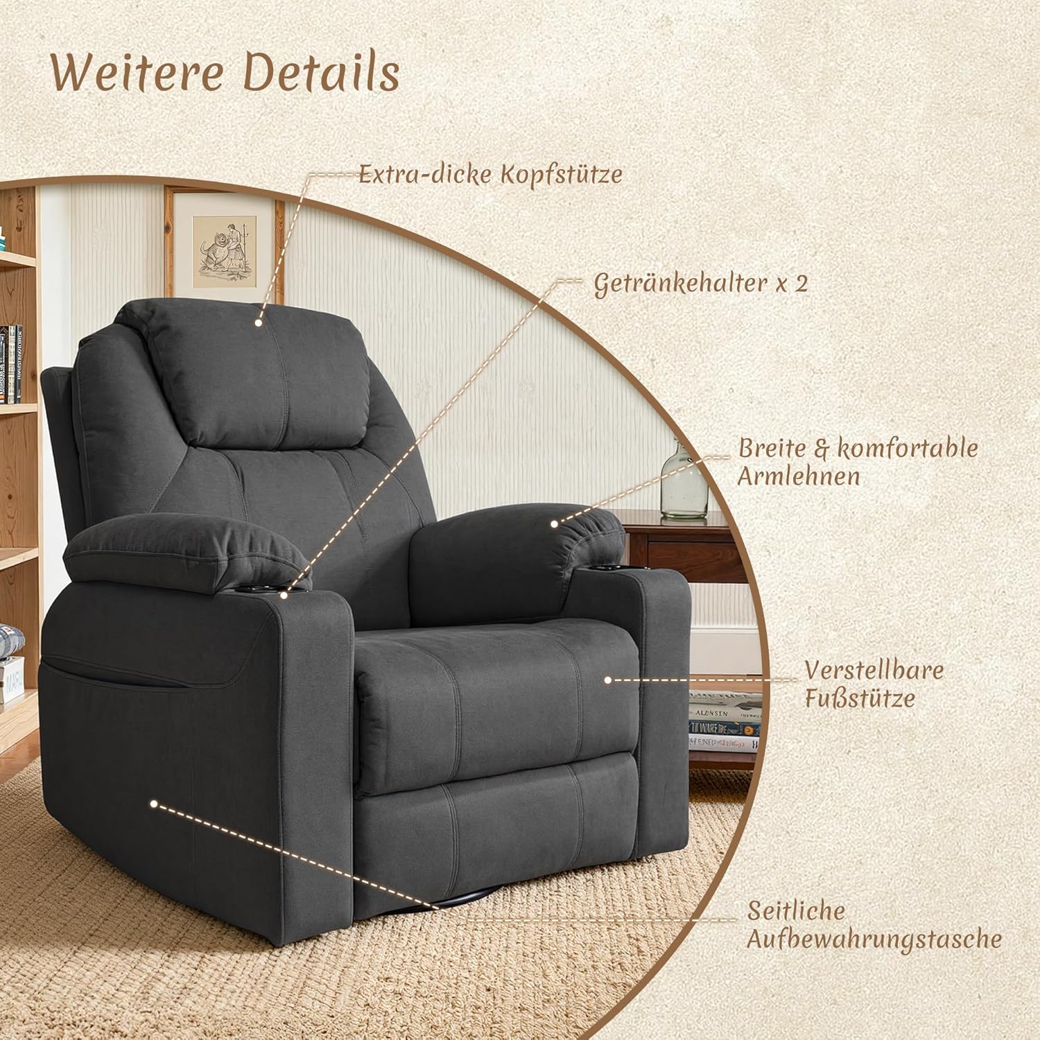 Liegesessel mit 360° Schwenk- und Wippfunktion, Fauteuil TV réglable manuellement, geeignet für Wohnzimmer als Relaxsessel und Kinderbetreuungssessel, Dunkelgrau