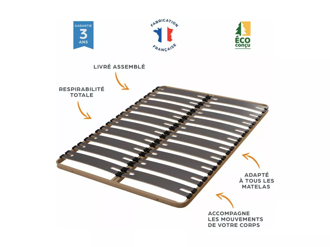 Sommier à lattes 2x80x200 C310 - 22 lates bois - Fabrication française