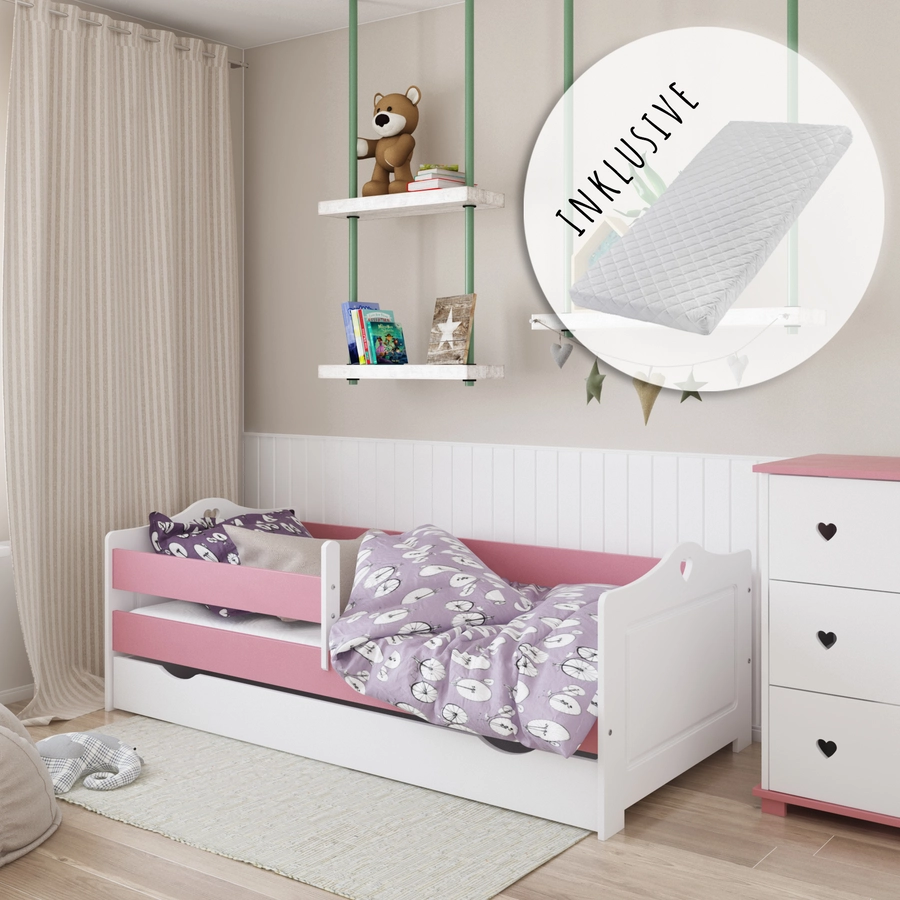 Kids Collective Kinderbett 80x160 | 80x180 | 90x200 mit Rausfallschutz, Schublade, Lattenrost weisspink mit Matratze