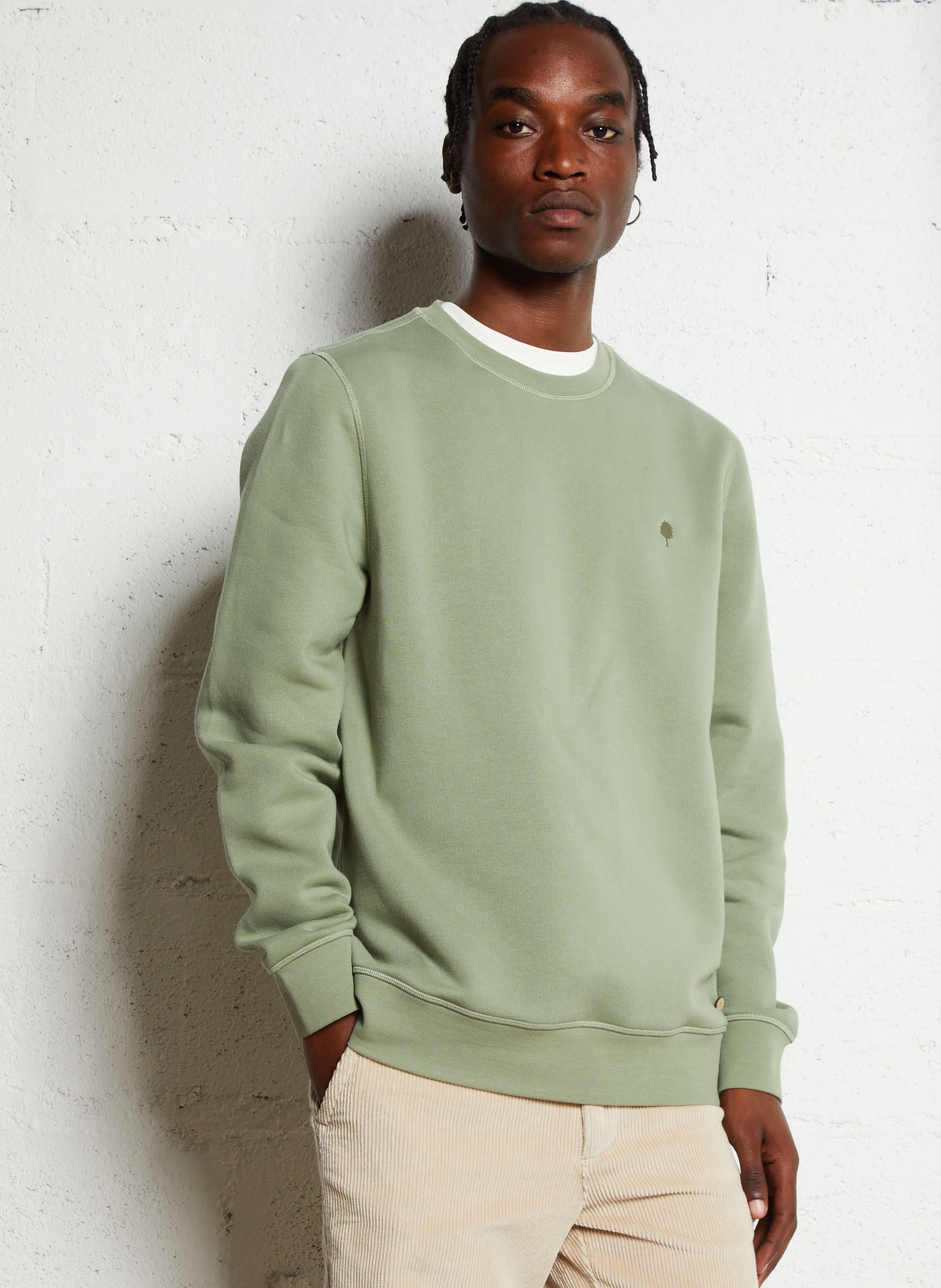DONZY - Sweat droit col rond en coton mélangé | Kaki