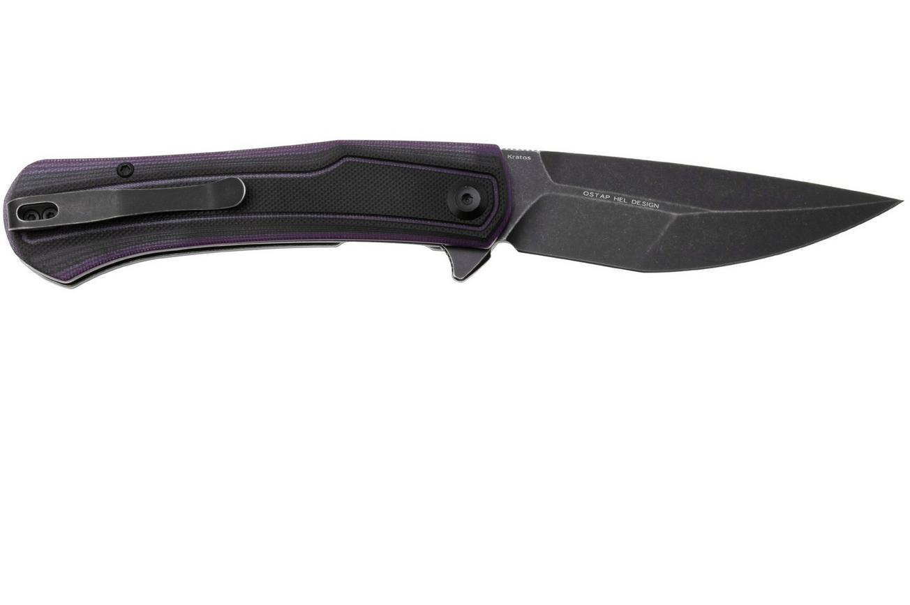 Tenable Knives Kratos T1024A3 Blackwashed Nitro-V, Black Purple G10, zakmes, Ostap Hel design