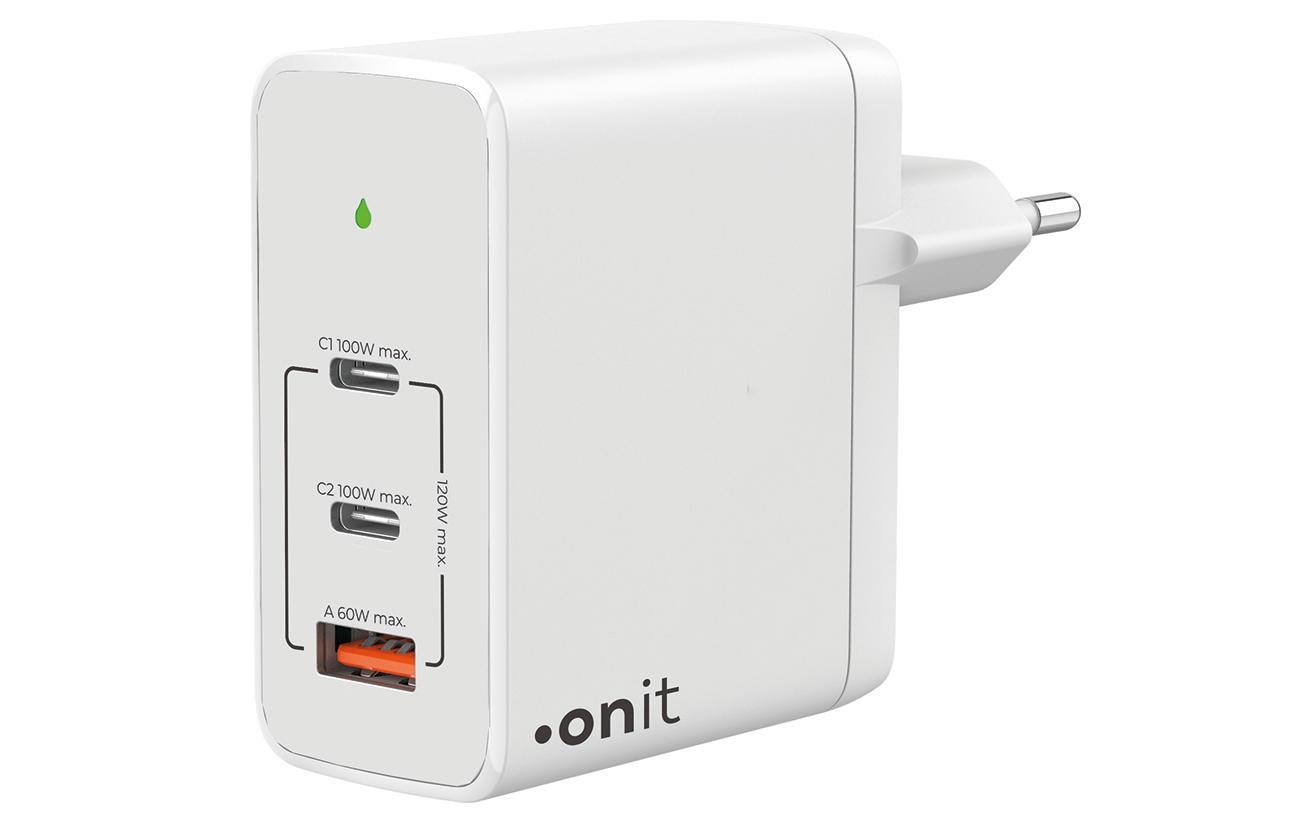 USB-Wandladegerät Trial QC5.0 120 W GaN WeissLadeadapter mit zwei USB-C-Ports und einem USB-A-Port