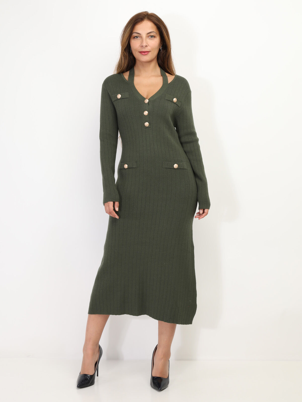 Robe longue cut out à boutons- Kaki