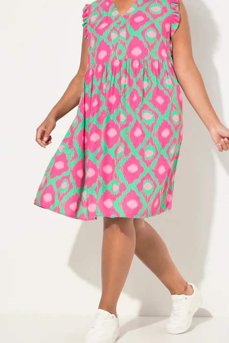 Kleid, Alloverdruck, V-Ausschnitt, ärmellos, pink