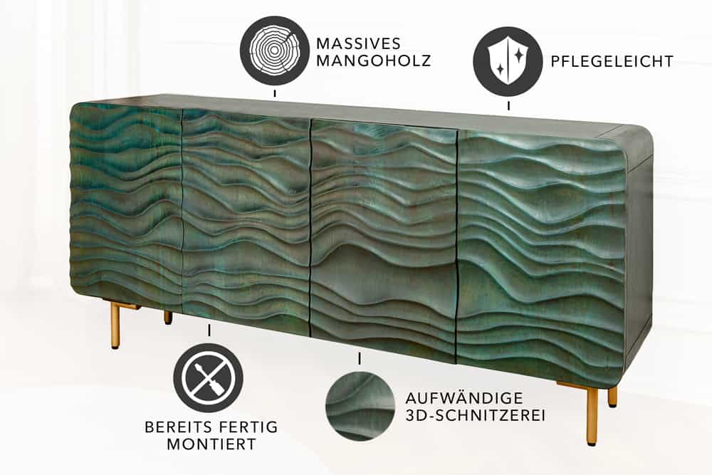 Design Sideboard WAVE 160cm türkis Mangoholz Massivholz mattgold Metallbeine