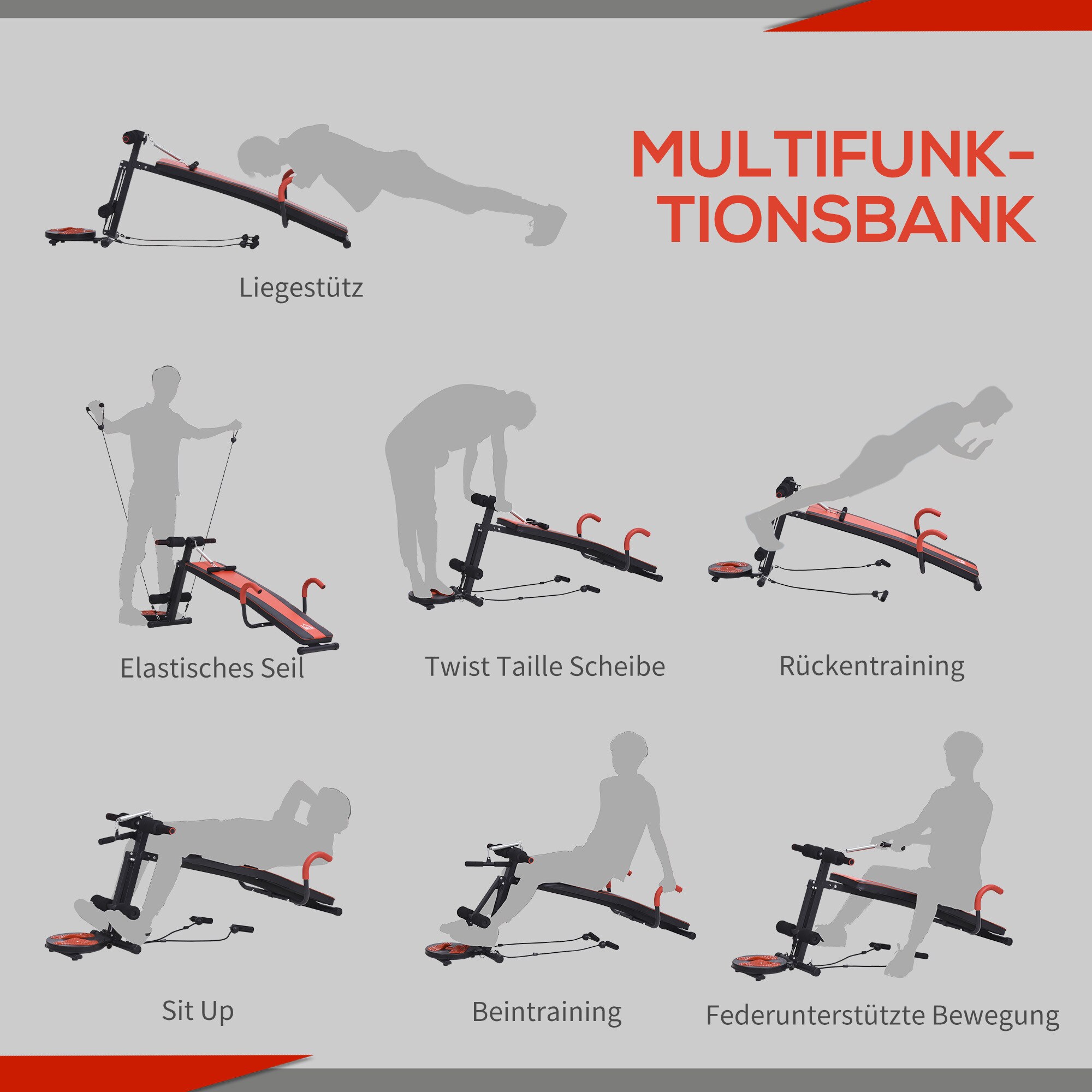 HOMCOM Sit-Up-Bank verstellbar rot, schwarz 166 x 53 x 52-60 cm (LxBxH)