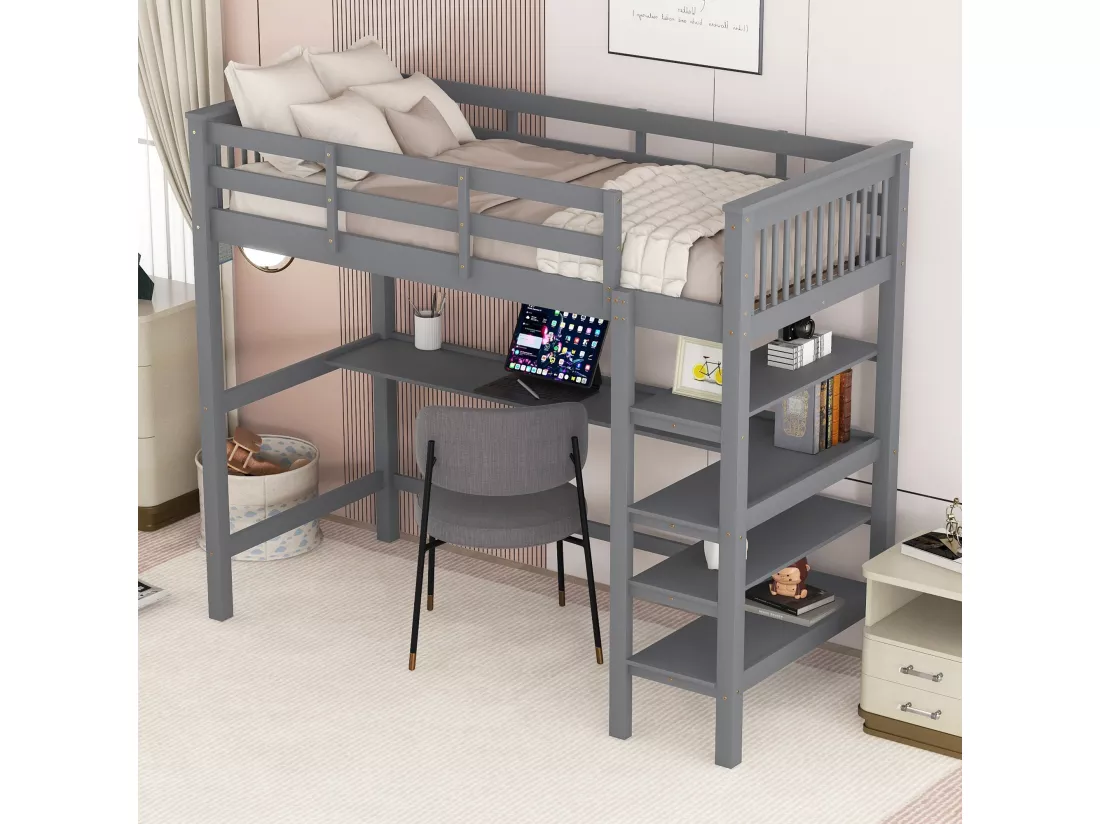 Lit mezzanine 90 x 200 cm pour enfant - bureau + étagères de rangement - gris