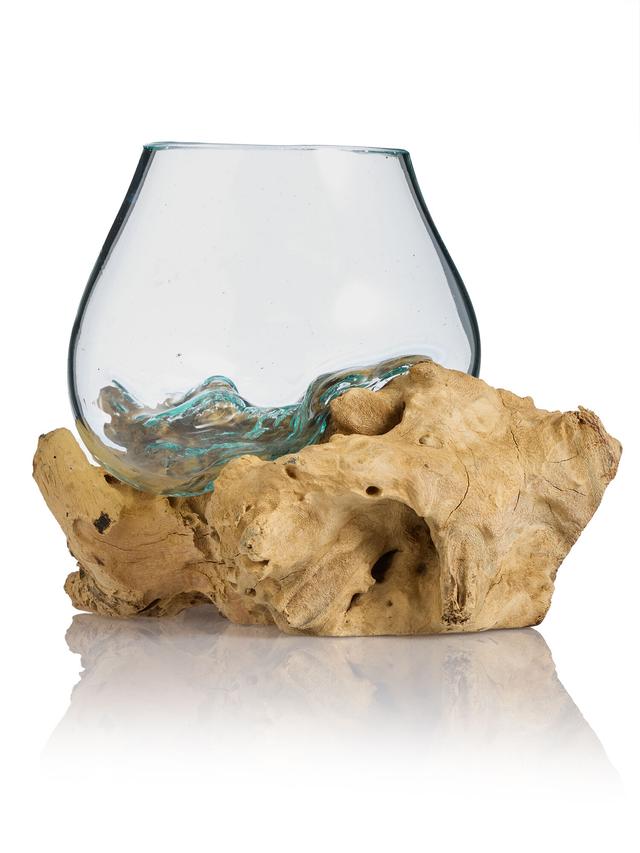 Teakholz mit Glasvase, rund ca. 15-20 cm