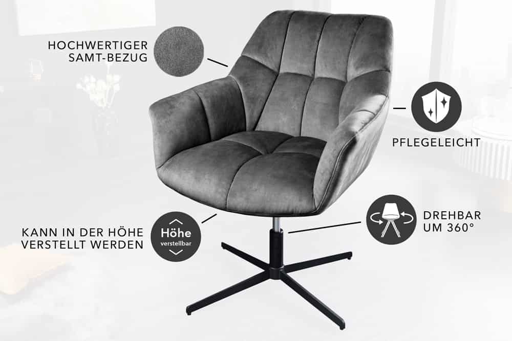 Drehbarer Sessel PAPILLON grau Samt schwarz Metall höhenverstellbar mit Armlehne