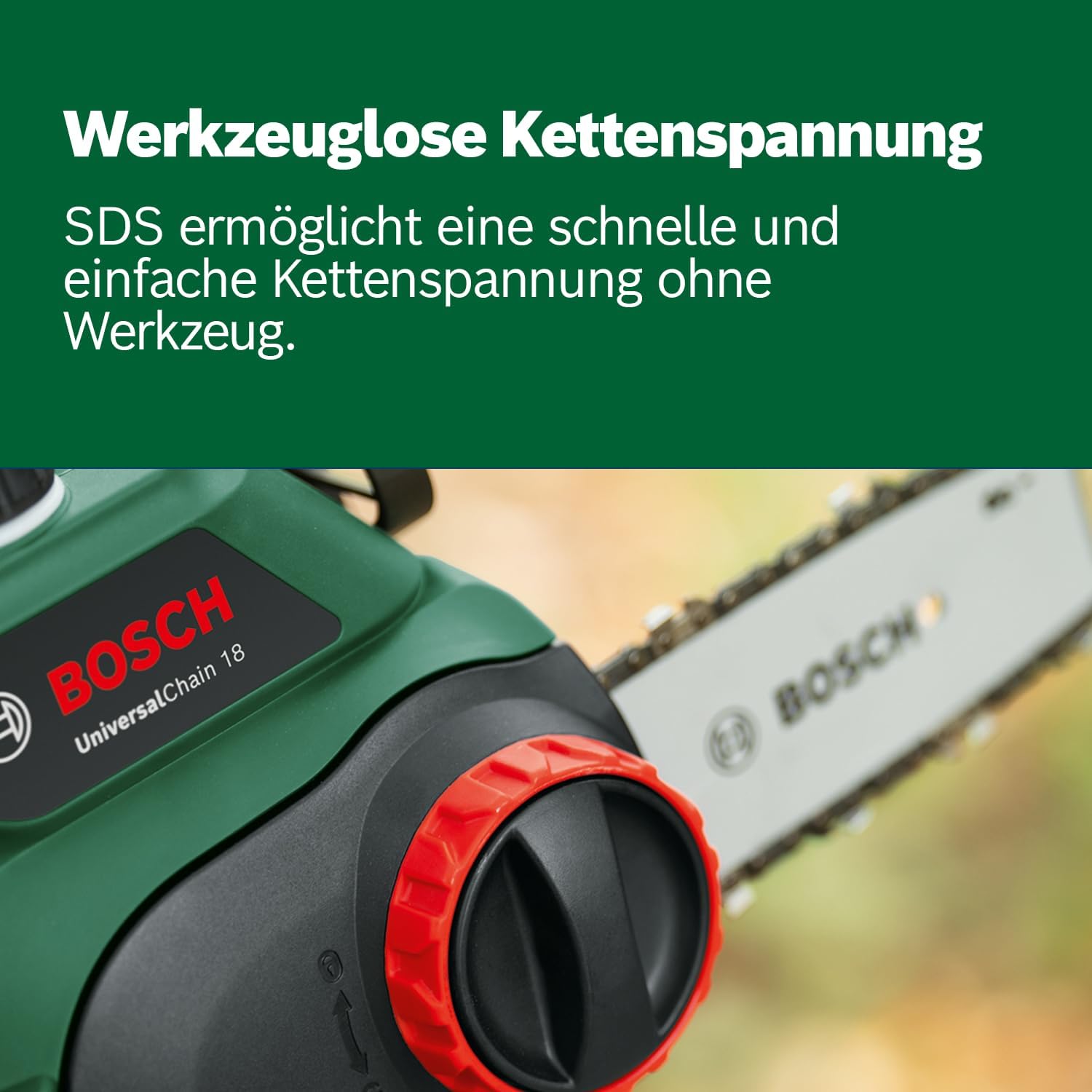 Bosch Akku-Kettensäge UniversalChain 18 (Akku 2,5 Ah, Ladegerät, SDS-System, Schwertlänge: 200 mm, 18-Volt-System, in Kartonschachtel)