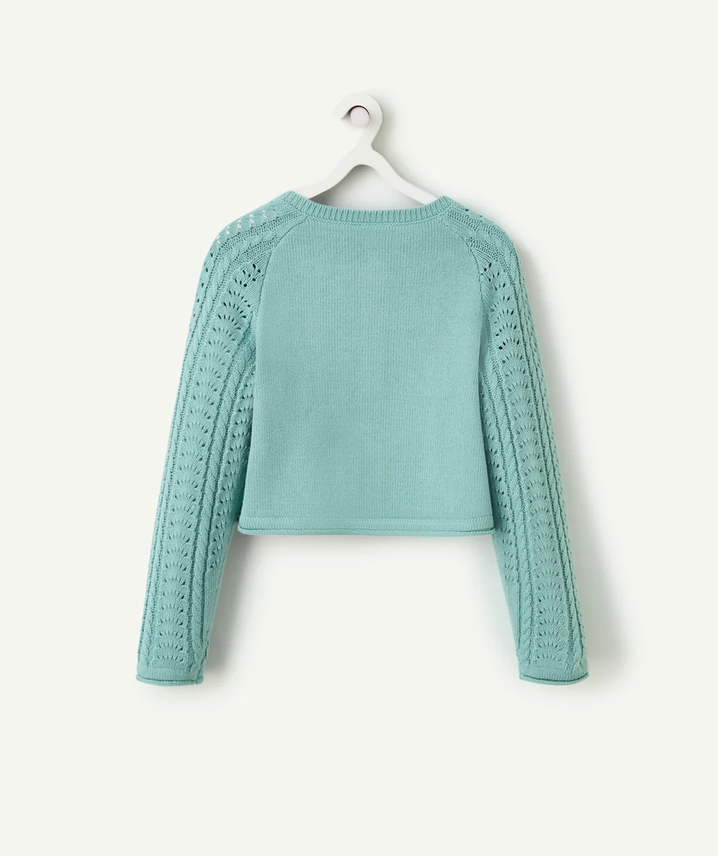 gilet tricot fille vert avec manches en crochet