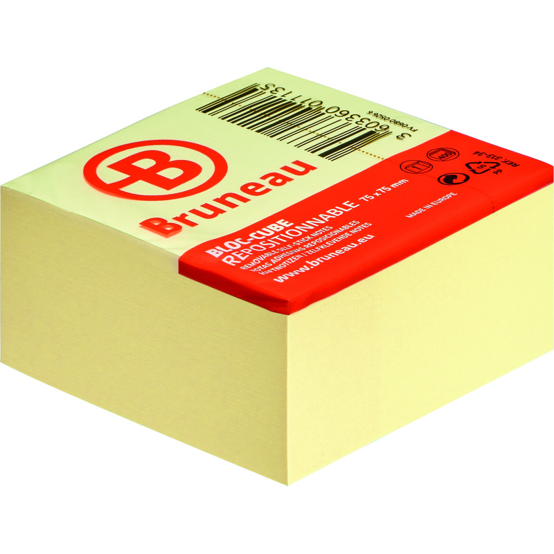 Bloc cube repositionnable jaune Bruneau 75 x 75 mm - bloc de 400 feuilles