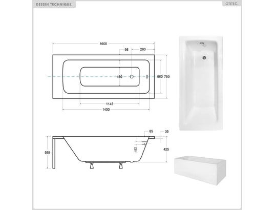 OTITEC - Baignoire rectangulaire - 160 x 75 cm - sans habillage - ave...