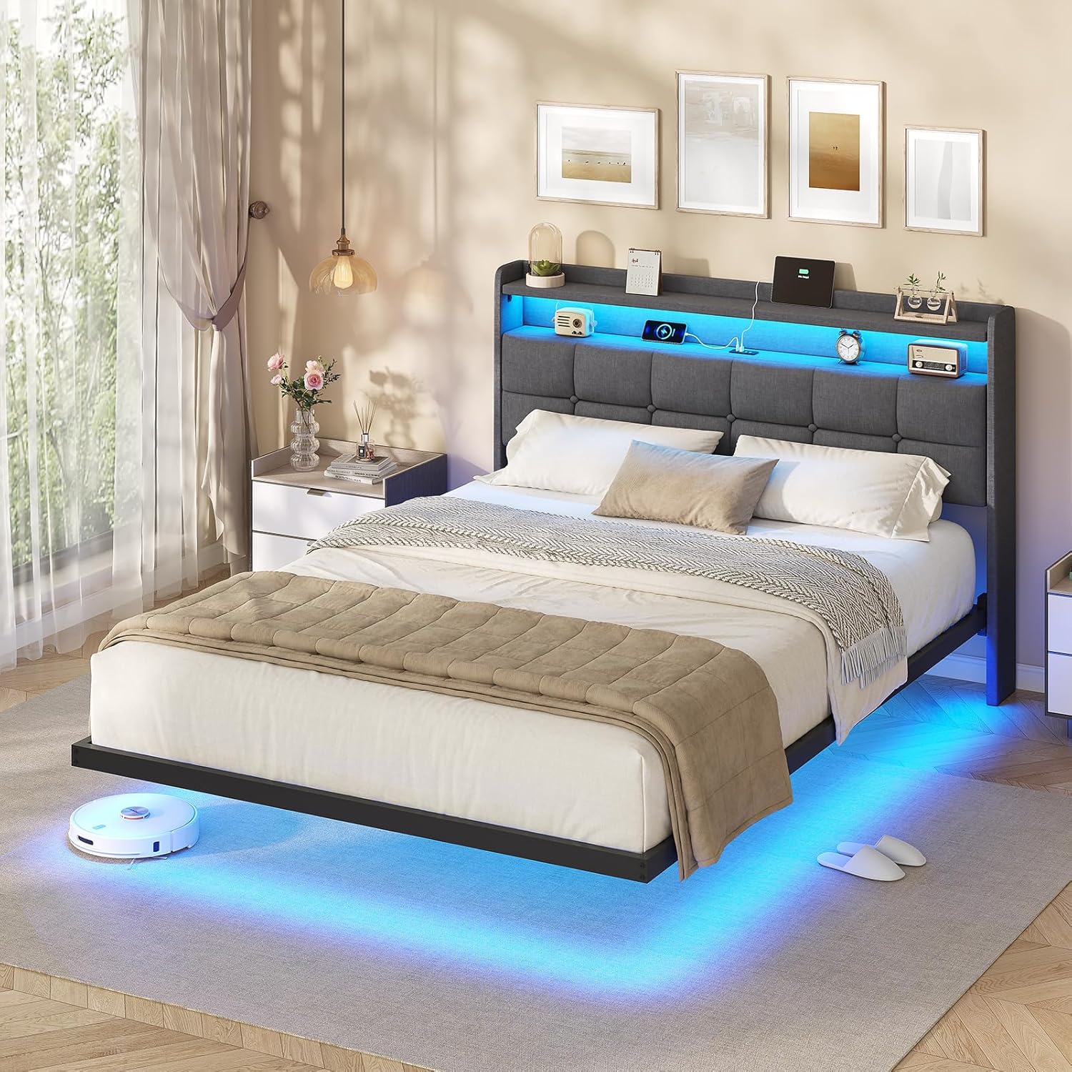 AOGLLATI Polsterbett 140x200 cm, Doppelbettgestell, Bettrahmen mit LED-Beleuchtung und Ladestation, Bettgestell mit Kopfteil, Bett Schwebebettrahmen, Metallbett, Leinen, Dunkelgrau (ohne Matratze)