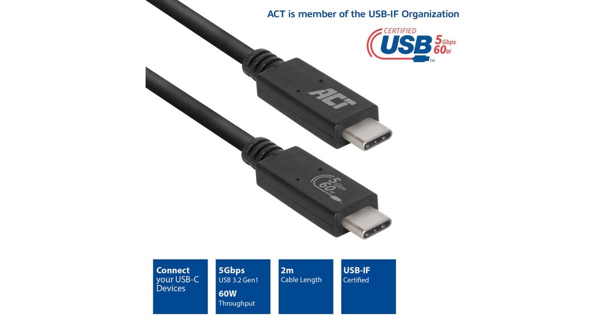ACT ConnectivityUSB 3.2 Gen1 aansluitkabel C male - C male 2 meter USB-IF gecertificeerd  (Zwart)