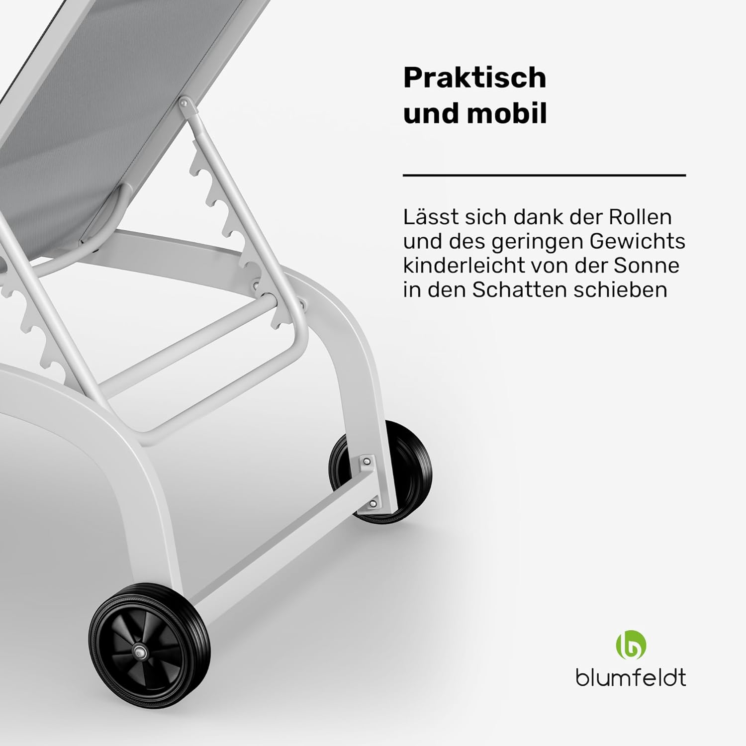 blumfeldt Sonnenliege, Gartenliege mit Verstellbarer Rückenlehne, Liegestuhl mit Rahmen aus Aluminium, Lounger mit wasserfesten Bezügen, mit Bodenrollen, Typ: Limala, weiß
