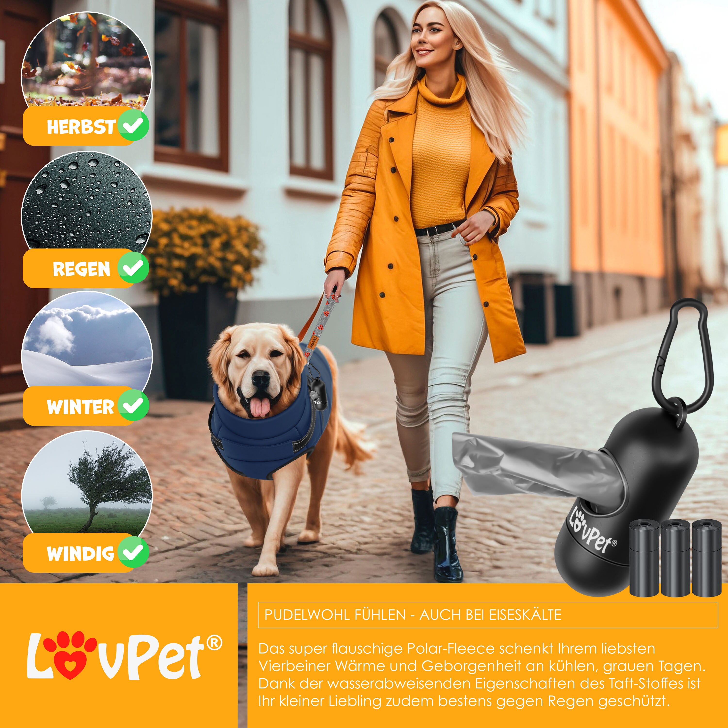 LOVPET® Hundejacke Hundemantel mit Geschirr, inkl. 45 Stück Kotbeutel + Spender, Hunde Winterweste gefüttert wasserdicht, Gepolsterte Weste Mit Brustgurt, Reflektoren, D-Ring
