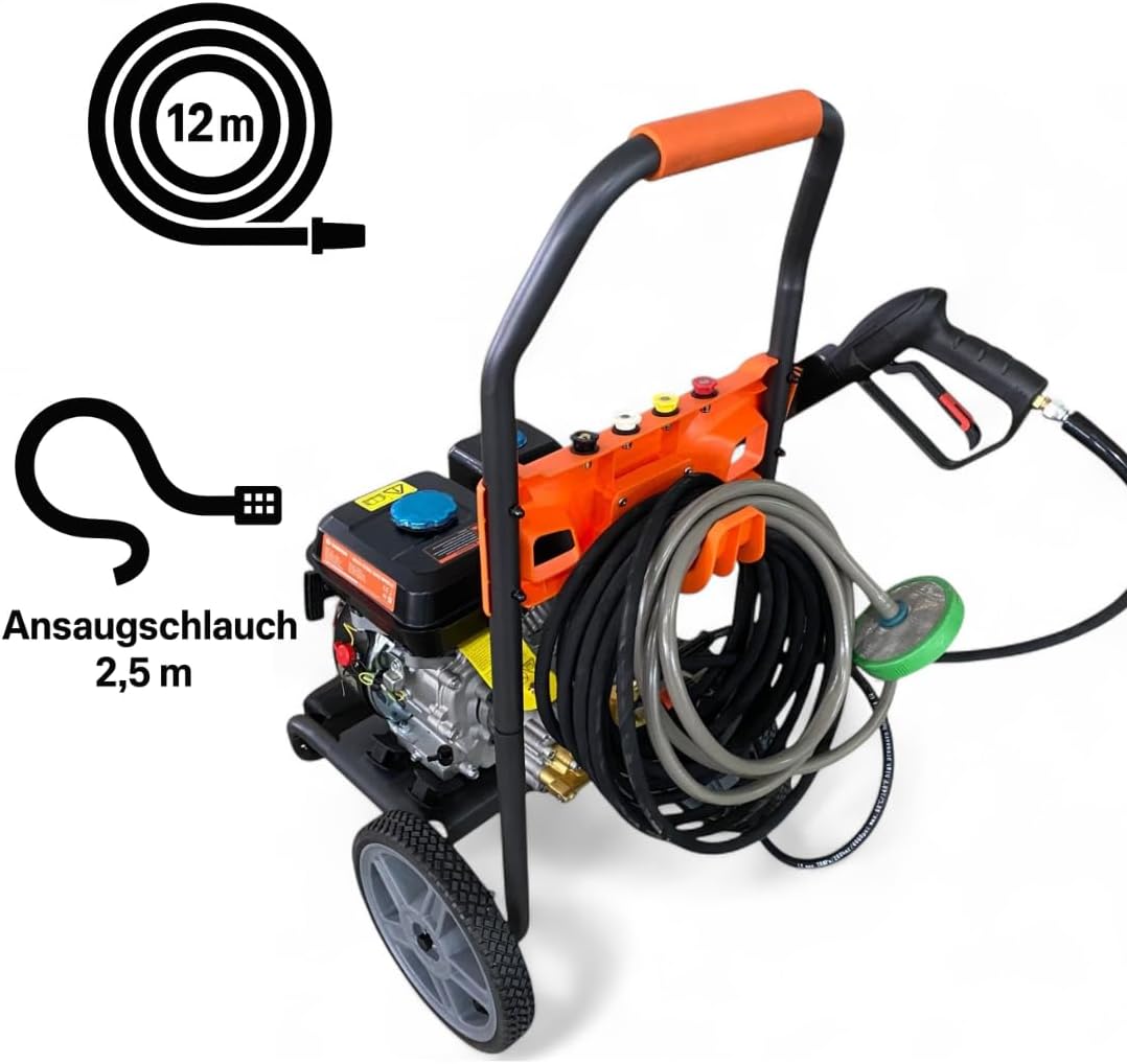 Benzin Hochdruckreiniger 207 bar | 12 m Hochdruckschlauch | 7PS Flächenreiniger mit Messing Pumpenkopf | Steinreiniger Profi Hochdruckreiniger | Gewerbe Industriereiniger