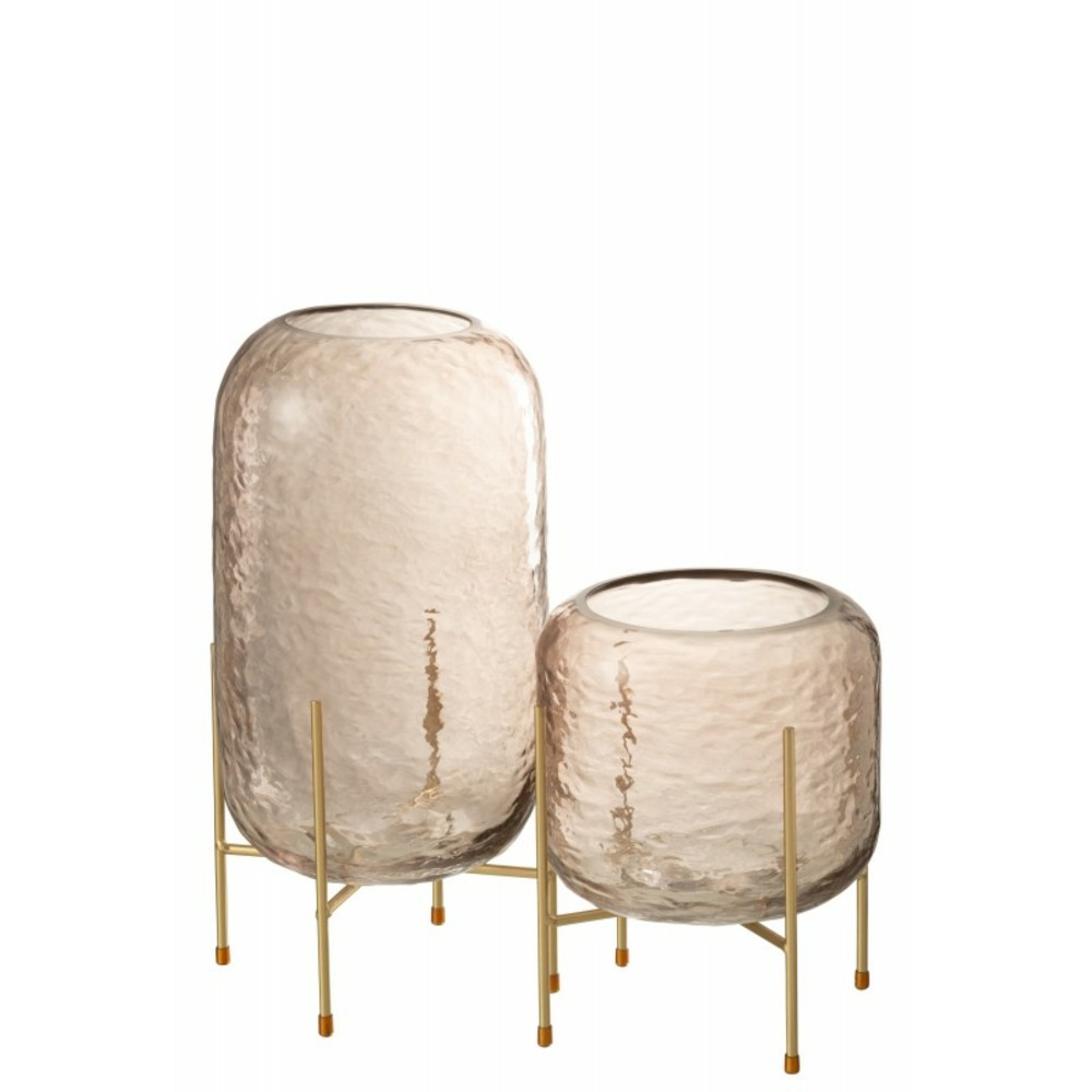 Vase rond en verre marron sur pied en métal doré 19x36.5cm